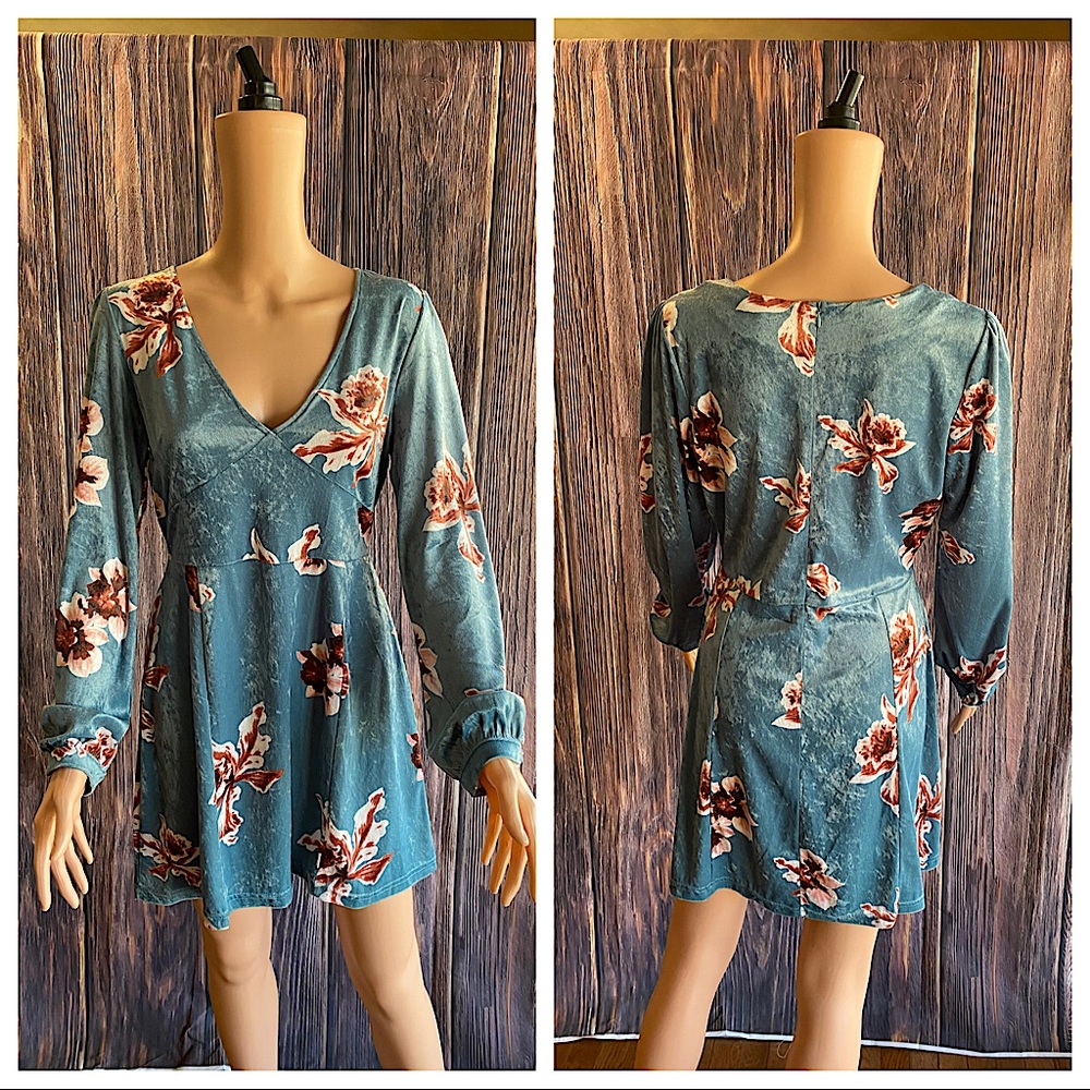 Honey Belle size Large aqua blue turquoise floral long sleeve velvet dress